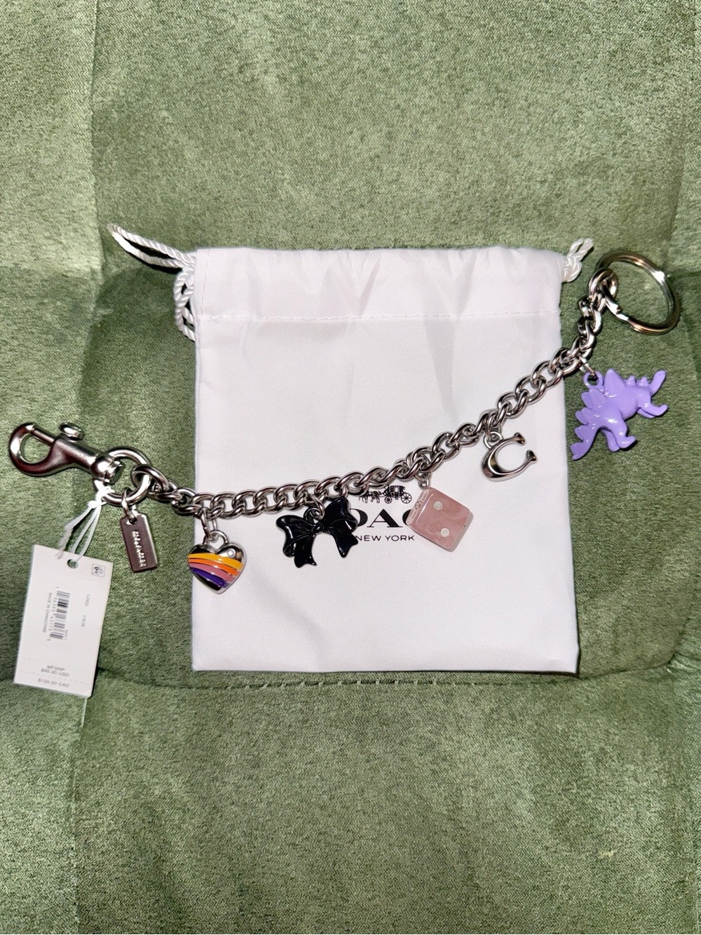 NWT COACH Motif Chain Bag Charm Silver-Tone W/Dusty Authentic.